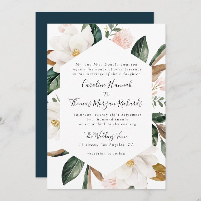 magnolia floral wedding invitation (Front/Back)