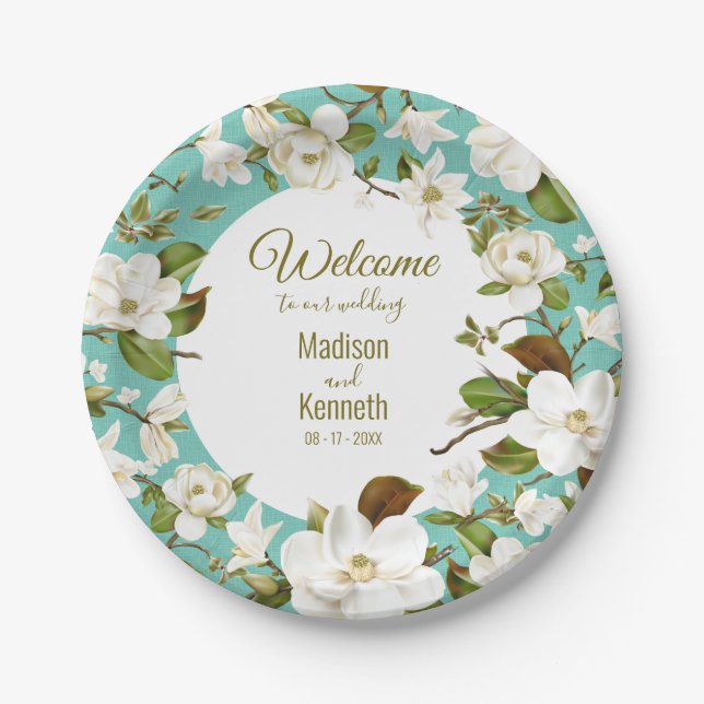 Magnolia Floral Wedding Paper Plate (Front)