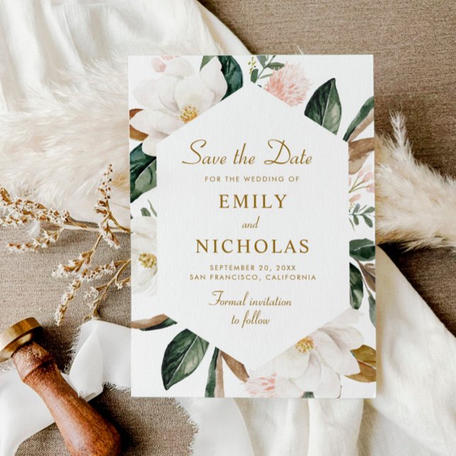 magnolia floral wedding save the date card (Creator Uploaded)
