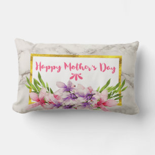 Magnolia Florals on White Marble Mother's Day Lumbar Cushion