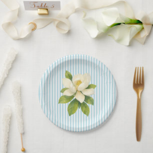 Magnolia Flower Custom Wedding Blue Stripe Paper Plate