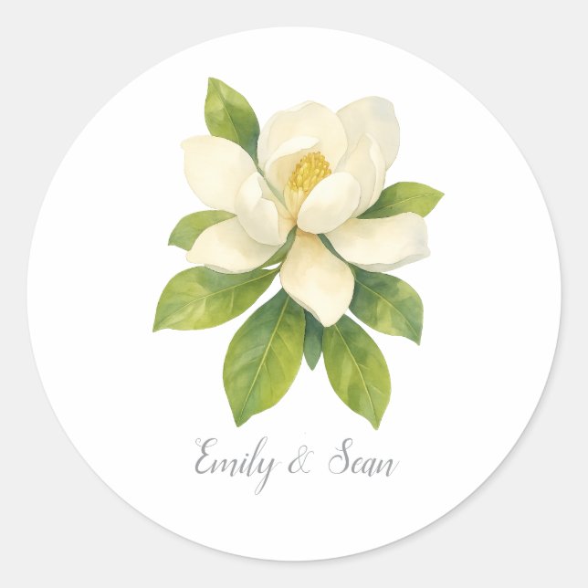 Magnolia Flower Custom Wedding Monogram  Classic Round Sticker (Front)