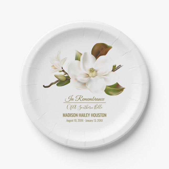 Magnolia Flower Funeral Memorial Paper Plate (Front)