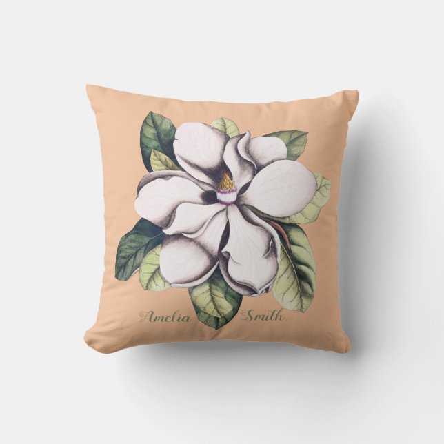Magnolia Flower Monogram Name Cushion (Front)