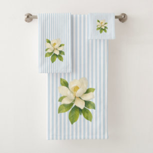 Magnolia Flower Painting Blue Stripe Bath Towel Set