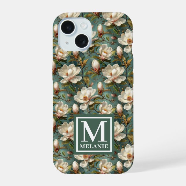 Magnolia Flower Pattern Name and Monogram iPhone 15 Case (Back)