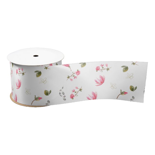 Magnolia flower ribbon, pink Magnolias on ribbon Satin Ribbon (Spool)