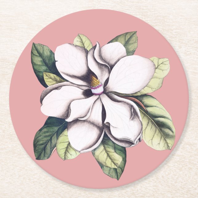 Magnolia Flower Round Paper Coaster (Front)