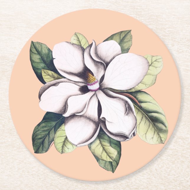 Magnolia Flower Round Paper Coaster (Front)
