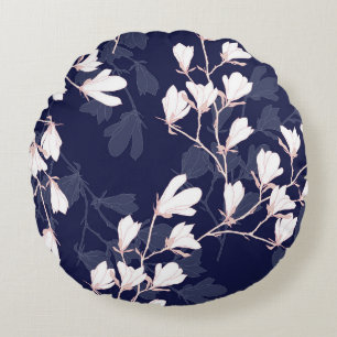 Magnolia flower seamless pattern with white flower round cushion