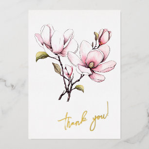 Magnolia Flower "Thank you!" Editable Foil Holiday Card