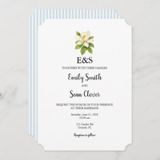 Magnolia Flower Wedding Monogram Blue Stripe Invitation
