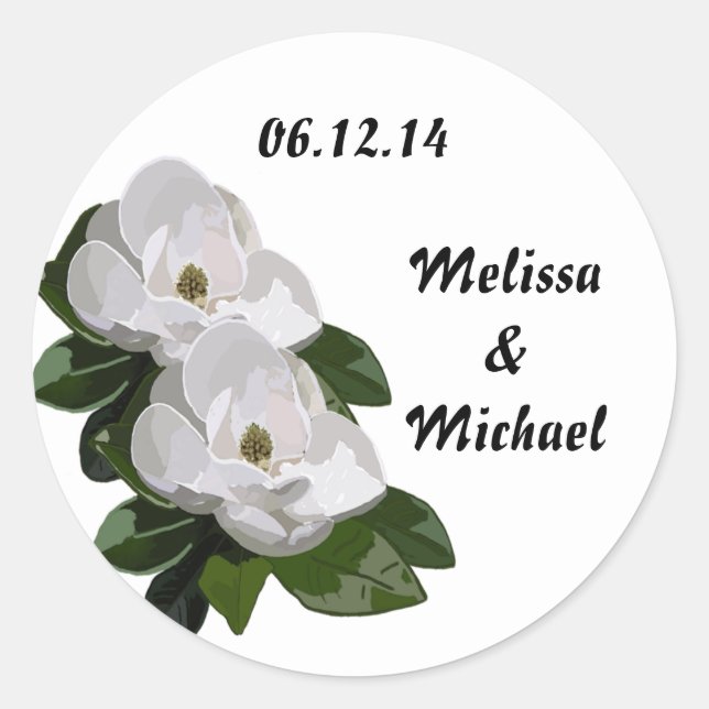 Magnolia Flower Wedding Save the Date Classic Round Sticker (Front)