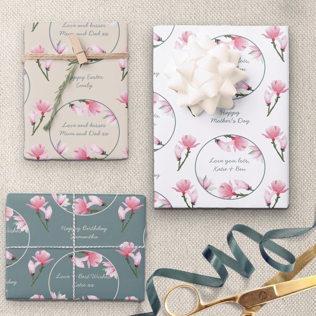 Magnolia Flowers Editable Occasions Set of 3 Wrapping Paper Sheet (Creator Uploaded)