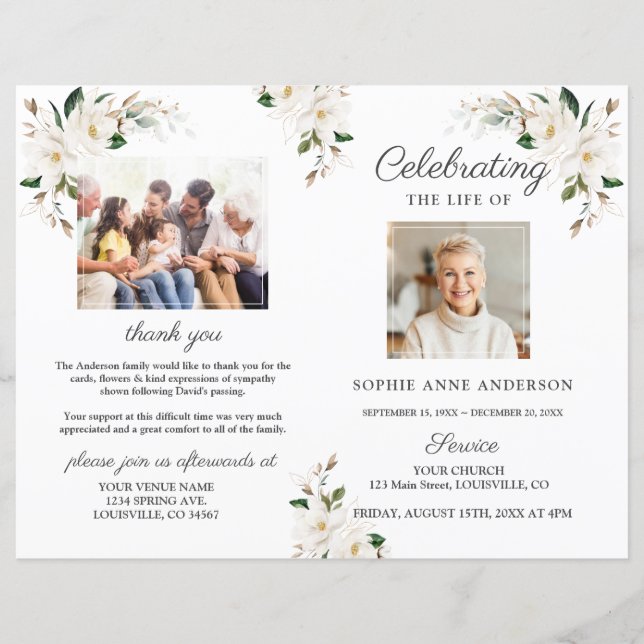 Magnolia Flowers Funeral Service Photo Program (Front)