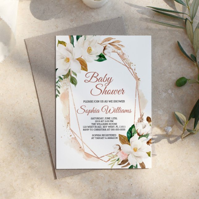 Magnolia Flowers & Gold Baby Shower Invitation (Creator Uploaded)