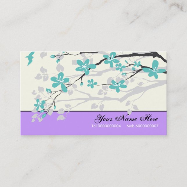 Magnolia flowers turquoise blue purple floral business card (Front)
