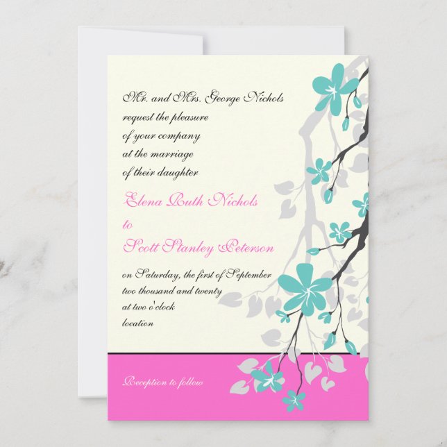Magnolia flowers turquoise, hot pink wedding invitation (Front)