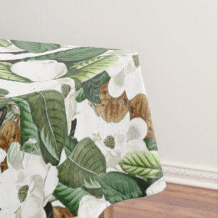 Magnolia Flowers White & Gold Floral Tablecloth