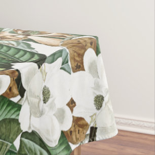Magnolia Flowers White & Gold Floral Tablecloth