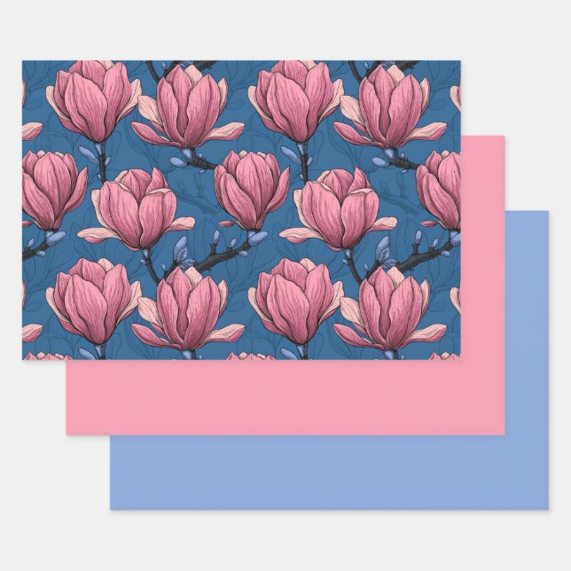 Magnolia garden on blue wrapping paper sheet (Set)