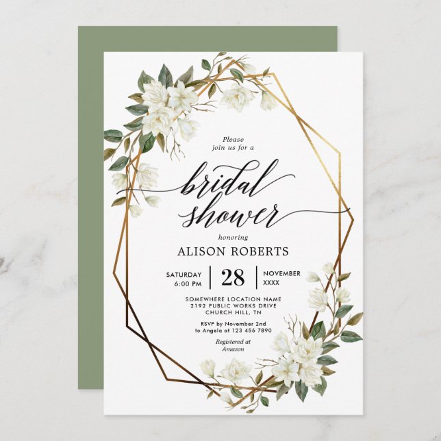 Magnolia geometric frame bridal shower invitation (Front/Back)