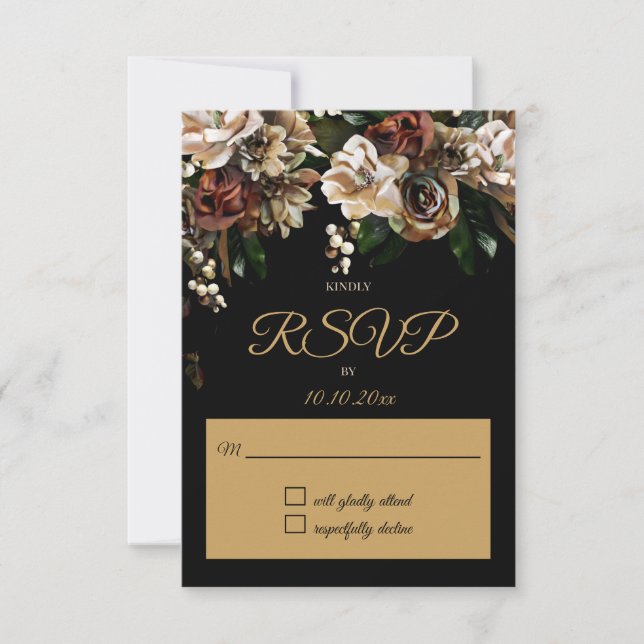 Magnolia Gold and Black Floral RSVP (Front)