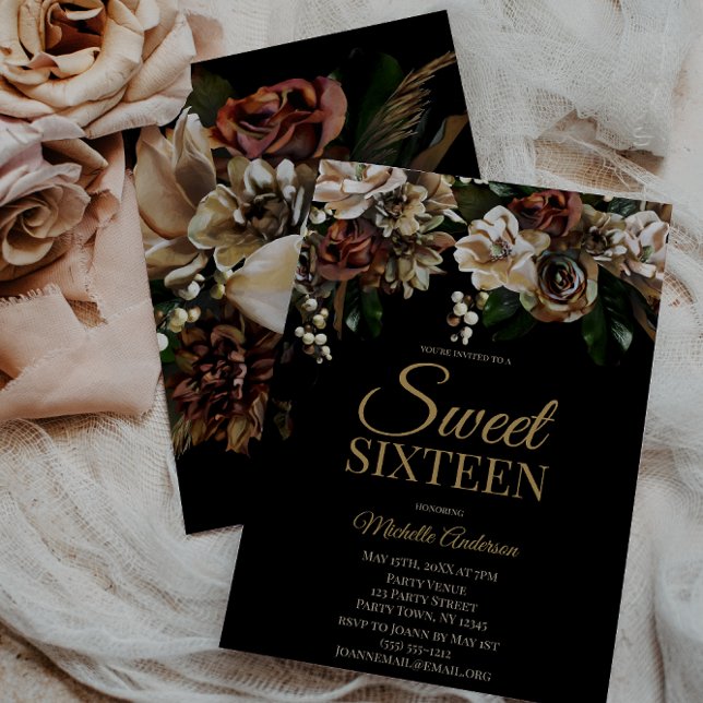 Magnolia Gold and Black Floral Sweet Sixteen Invitation (Creator Uploaded)