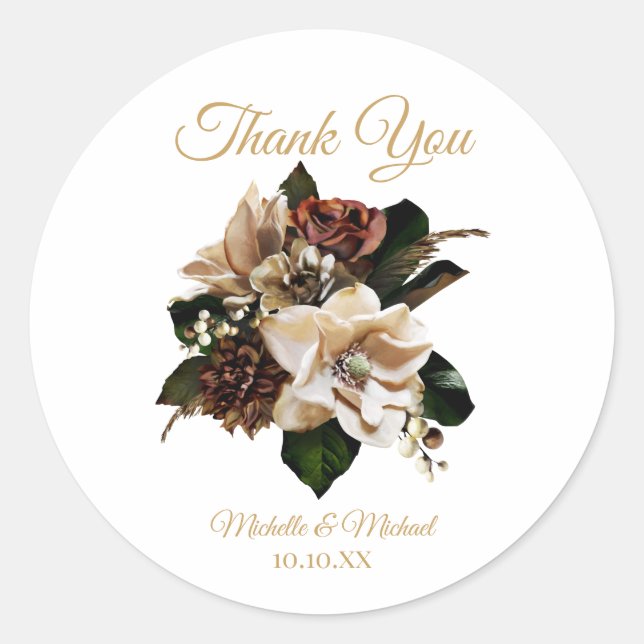 Magnolia Gold and Black Floral Thank You  Classic Round Sticker (Front)