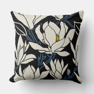 Magnolia graphic in beige and black pattern cushion