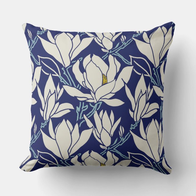 Magnolia graphic in indigo pattern cushion (Front)
