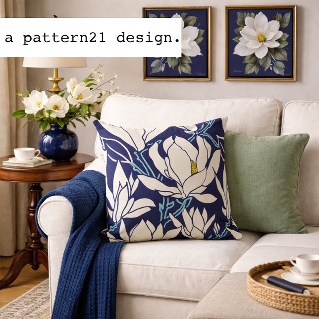 Magnolia graphic in indigo pattern cushion (Navy magnolia botanicals bring timeless Southern garden charm to elegant living spaces.)