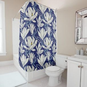 Magnolia graphic in indigo pattern shower curtain