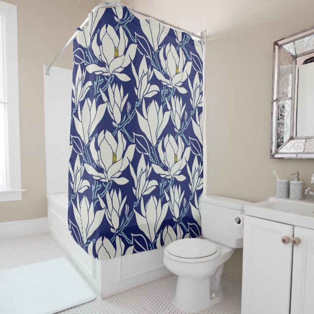 Magnolia graphic in indigo pattern shower curtain (In Situ)