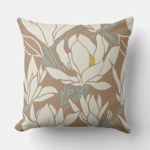 Magnolia graphic in khaki pattern cushion