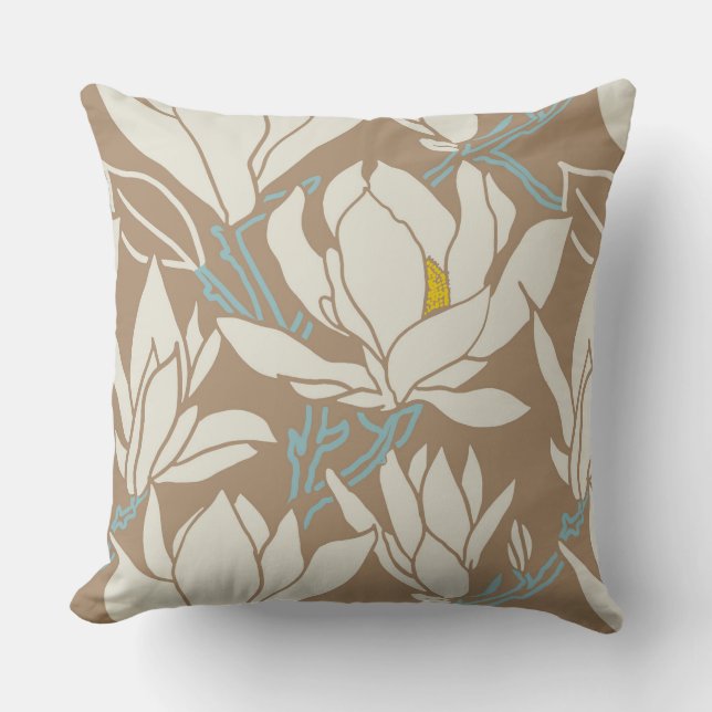 Magnolia graphic in khaki pattern cushion (Front)