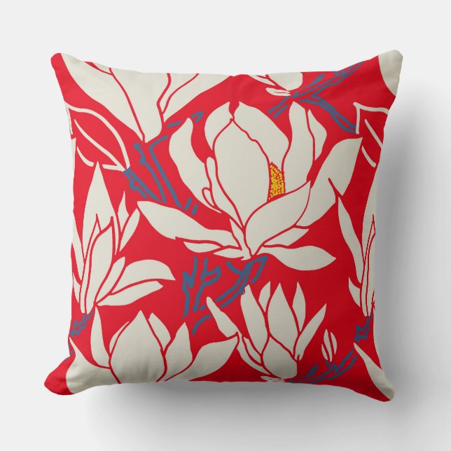 Magnolia graphic in red pattern cushion (Front)