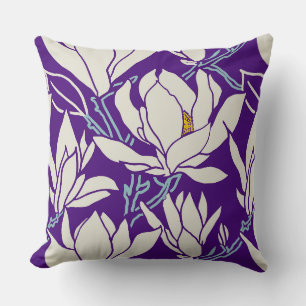 Magnolia graphic in violet pattern cushion