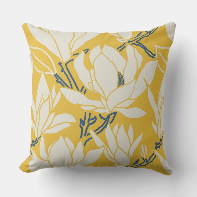 Magnolia graphic in yellow pattern cushion (Front)