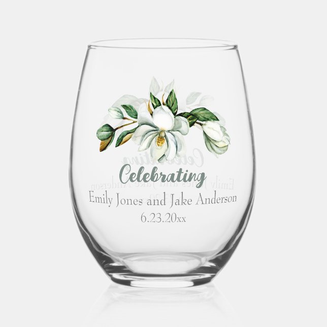 Magnolia Greenery Bridal Shower Stemless Wine Glass (Front)