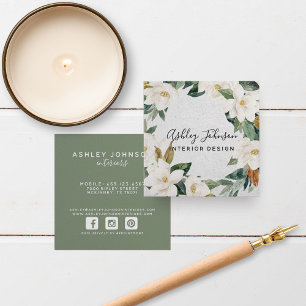 Magnolia Greenery Wreath Script Typography Square Business Card