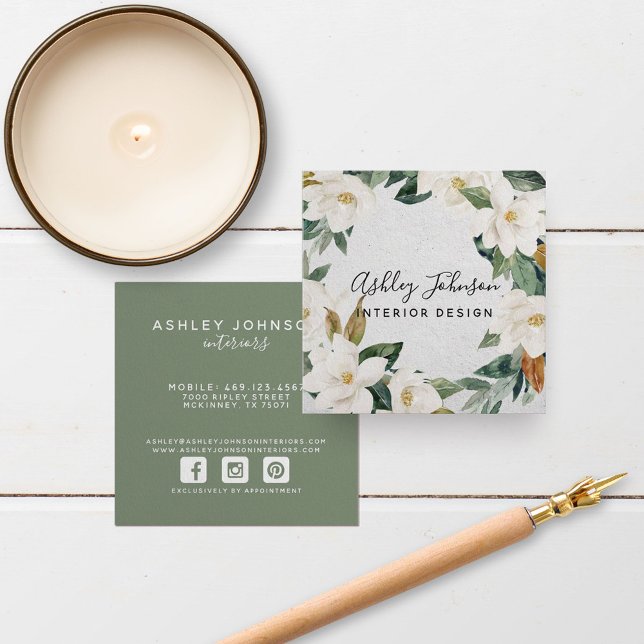 Magnolia Greenery Wreath Script Typography Square Square Business Card (Creator Uploaded)