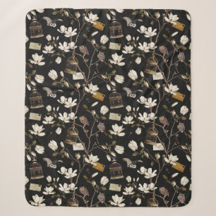 Magnolia Grove with Owls in Black Sherpa Blanket