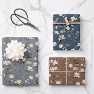Magnolia Grove with Owls in Blue Brown Wrapping Paper Sheet