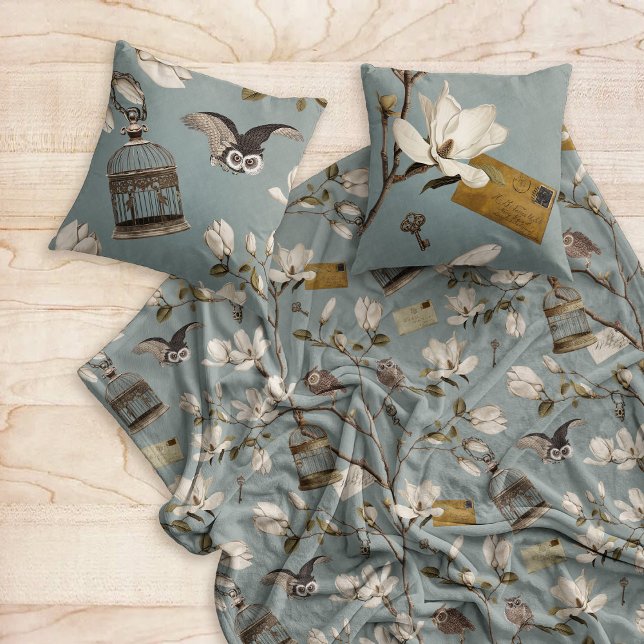 Magnolia Grove with Owls in Duck egg blue Fleece Blanket (Creator Uploaded)