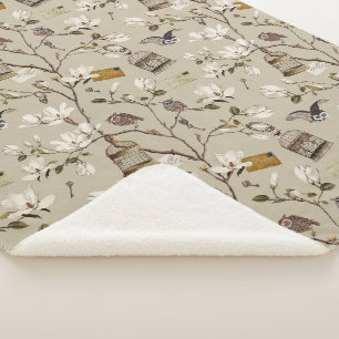Magnolia Grove with Owls in Ecru Beige Sherpa Blanket