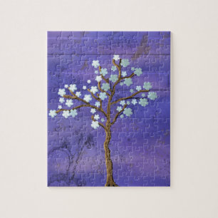 Magnolia Inspired Tree with Blue Background Jigsaw Puzzle