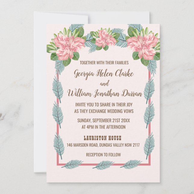 Magnolia Lilies Bouquet Wedding Invitation B (Front)