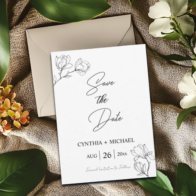 Magnolia Line Art Save the Date Announcement Card (Creator Uploaded)