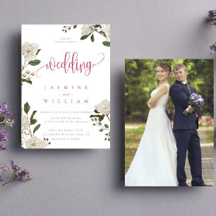 Magnolia Modern  Photo   Magenta Red Wedding  Invitation